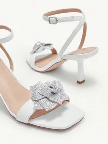 CUCCOO CHICEST White Square Toe Stiletto High Heel Sandals With Rhinestone Flower Design For Women Halloween - White - View 5