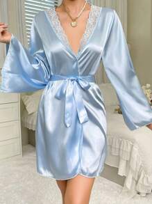 Contrast Lace Belted Satin Robe Luxe Loungewear, Fall - Blue - View 5