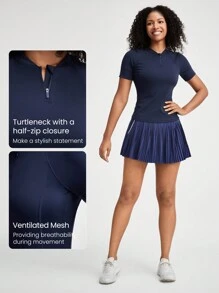 GLOWMODE Game On Stand Collar Mid-Length Sleeve Tee With Mesh Panel Tennis Golf Gym - Navy Blue - View 3