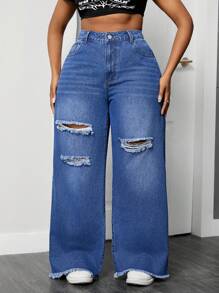SHEIN ICON Plus Size Women's Loose-Fit Casual Denim Wide-Leg Pants With Ripped Design And Pockets - Dark Wash - View 1