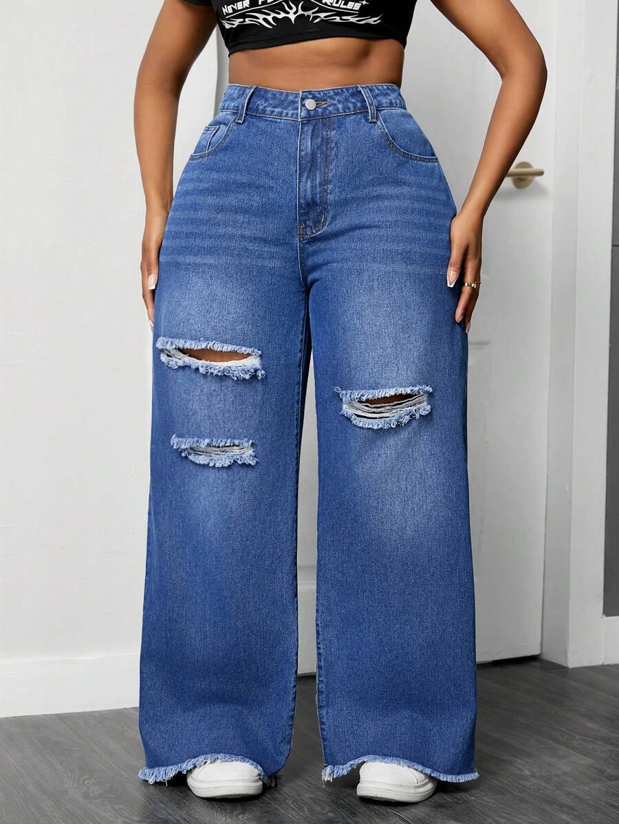 SHEIN ICON Plus Size Women's Loose-Fit Casual Denim Wide-Leg Pants With Ripped Design And Pockets - Dark Wash - View 1