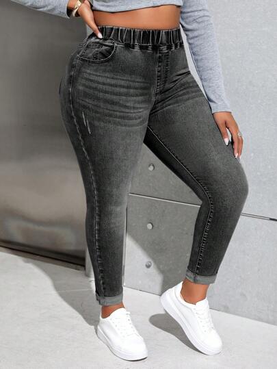 Slaydiva Plus Size Women's Elastic Waist Slim Fit Casual Denim Pants With Pockets, Versatile