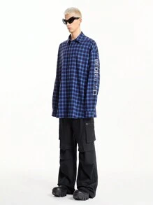 Manfinity VCAY Men's Street Woven Logo Ink Printed Plaid BOXY Long Sleeve Shirt, Suitable For Autumn And Winter Fashion - Blue - View 4