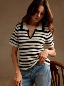 Anewsta Women's Urban Casual Colorblock Black & White Striped Short Sleeve Knit Top, Spring/Summer - Black and White - View 4