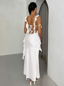 SHEIN BAE Sommerkleid für Frauen mit Spaghettiträgern, offenem Rücken und ausgestelltem Schnitt, geeignet für Urlaub, Abschlussball und Hochzeit - Weiss - Übersicht 2