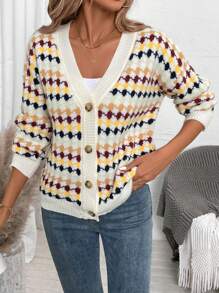 SHEIN LUNE Women's Colorful Minimalist Daily Buttoned Long Sleeve Cardigan - Multicolor - View 4
