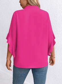大尺碼女士夏季優雅系帶領口荷葉邊袖襯衫 - 玫紅色 - 查看 2