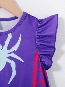 SHEIN Camisón de niñas con estampado de araña de manga corta, vestido para dormir cómodo y lindo con estilo de princesa, ropa de estar en casa acogedora para niñas jóvenes - Morado - Ver 4