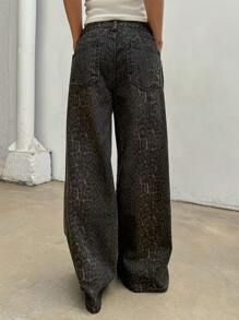 DAZY 女式豹紋寬腿休閒牛仔褲，附有口袋 - 卡其色 - 查看 4