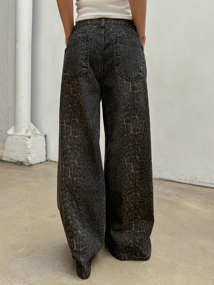 DAZY Quần jean denim ống rộng in họa tiết da báo có túi cho nữ - Màu Khaki - Xem 4