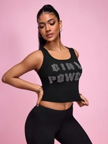 SHEIN Sport Studio Top de tanque feminino com decote redondo e sem mangas, bordado de strass com alfabeto para treino diário