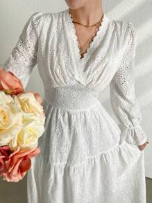 Modelyn Đầm dài tay mùa hè thêu khoét cổ chữ V màu trơn cho nữ, váy đi nghỉ/hàng ngày thoải mái giản dị - trắng - Xem 7