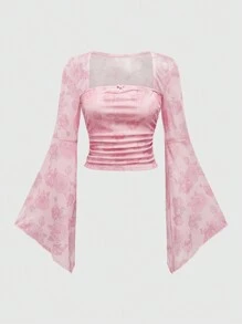 Floral Print Flounce Sleeve Ruched Top - Pink - View 1