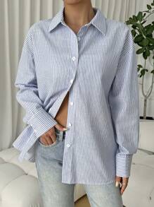 SHEIN EZwear Damska bluzka z kołnierzykiem i długim rękawem, w paski z wycięciem i wiązaniem w talii - Niebieski i biały - Zobacz 2