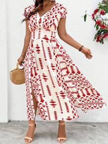 SHEIN Clasi Plus Size Vacation & Casual Geometric Printed Split Dress - Red - View 1