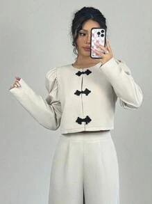 Chiquease Bow Front Gigot Sleeve Crop Jacket - Apricot - View 3