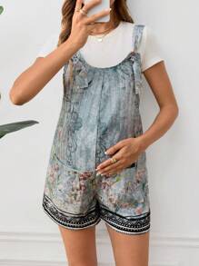 SHEIN Bộ đồ liền thân in hoa cổ điển mùa hè dành cho bà bầu có dây đeo vai có thể điều chỉnh - Màu xanh bụi bặm - Xem 3