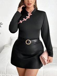 SHEIN Privé 大尺碼女性修身優雅長袖上衣，帶扣裝飾，適用於春夏季節 - 彩色 - 查看 12