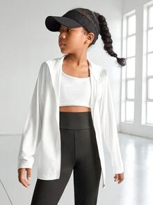 SHEIN Áo lưới thoáng khí cho bé gái tuổi teen, Yoga ngoài trời, Thể dục, Chạy bộ và Đạp xe, Thoải mái, Thân thiện với da, Áo khoác cổ đứng, Áo khoác tập luyện thể thao thể thao - trắng - Xem 7