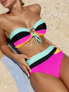 SHEIN Swim Bộ bikini sọc khoét rỗng dành cho nữ đi biển mùa hè, bộ đồ bơi hai mảnh Áo tắm - Nhiều màu - Xem 3