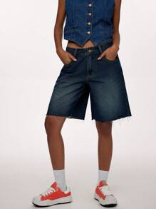 Forever 21 Women's Vintage Low Waist Denim Wide Leg Shorts With Frayed Hems And Pockets
