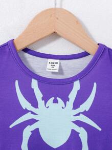 SHEIN Camisón de niñas con estampado de araña de manga corta, vestido para dormir cómodo y lindo con estilo de princesa, ropa de estar en casa acogedora para niñas jóvenes - Morado - Ver 3