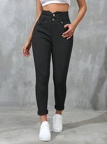 Pantalones largos, informales y de cintura alta para mujer, de unicolor y ajustados