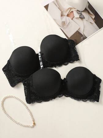 2入組女士蕾絲花朵露背性感有鋼圈胸罩