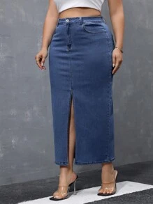 SHEIN Essnce Plus Size Spring Summer Casual Front Slit Denim Skirt - Dark Wash - View 4