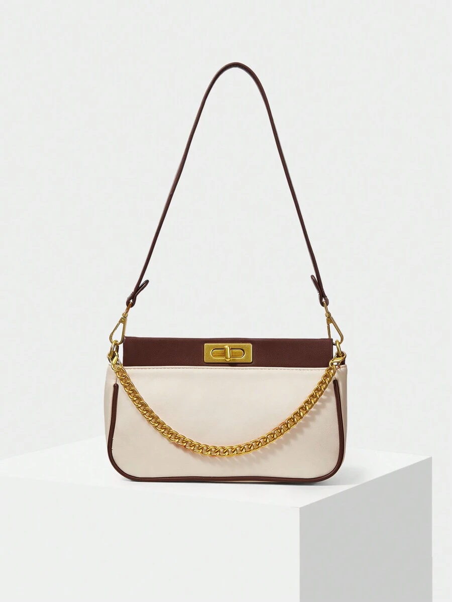 Women's Shoulder Bag With Color-Block Chain - Đen và trắng - Xem 1