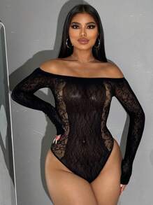 VaVaBold Fashionable And Sexy Off Shoulder Long Sleeve Sheer Bodysuit In Solid Color