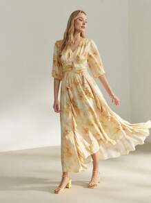 MOTF PREMIUM ALLOVER FLORAL PRINT V-NECK LANTERN SLEEVE RUCHED WAIST DRESS - Yellow - View 7