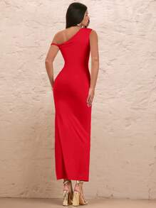 SHEIN BAE 夏季沙灘假期浪漫約會杏色不對稱直領純色褶皺性感高開叉3D花裝飾長裙女士款