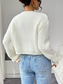 Chiquease Buttoned Diagonal Hollow Out Chunky Knitted Long Sleeve Cardigan - White - View 2