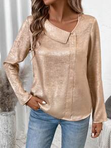 EMERY ROSE Fall Outfits Coated Shiny Asymmetrical Collar Long-Sleeved Shirt - Gold - View 7