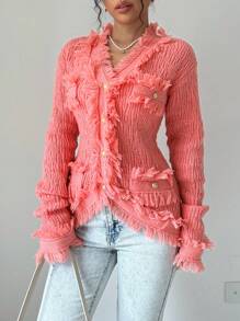 Elenzga Ladies' Long Sleeve Cardigan With Fringed Edges, Casual Holiday Fall Winter - Pink - View 5
