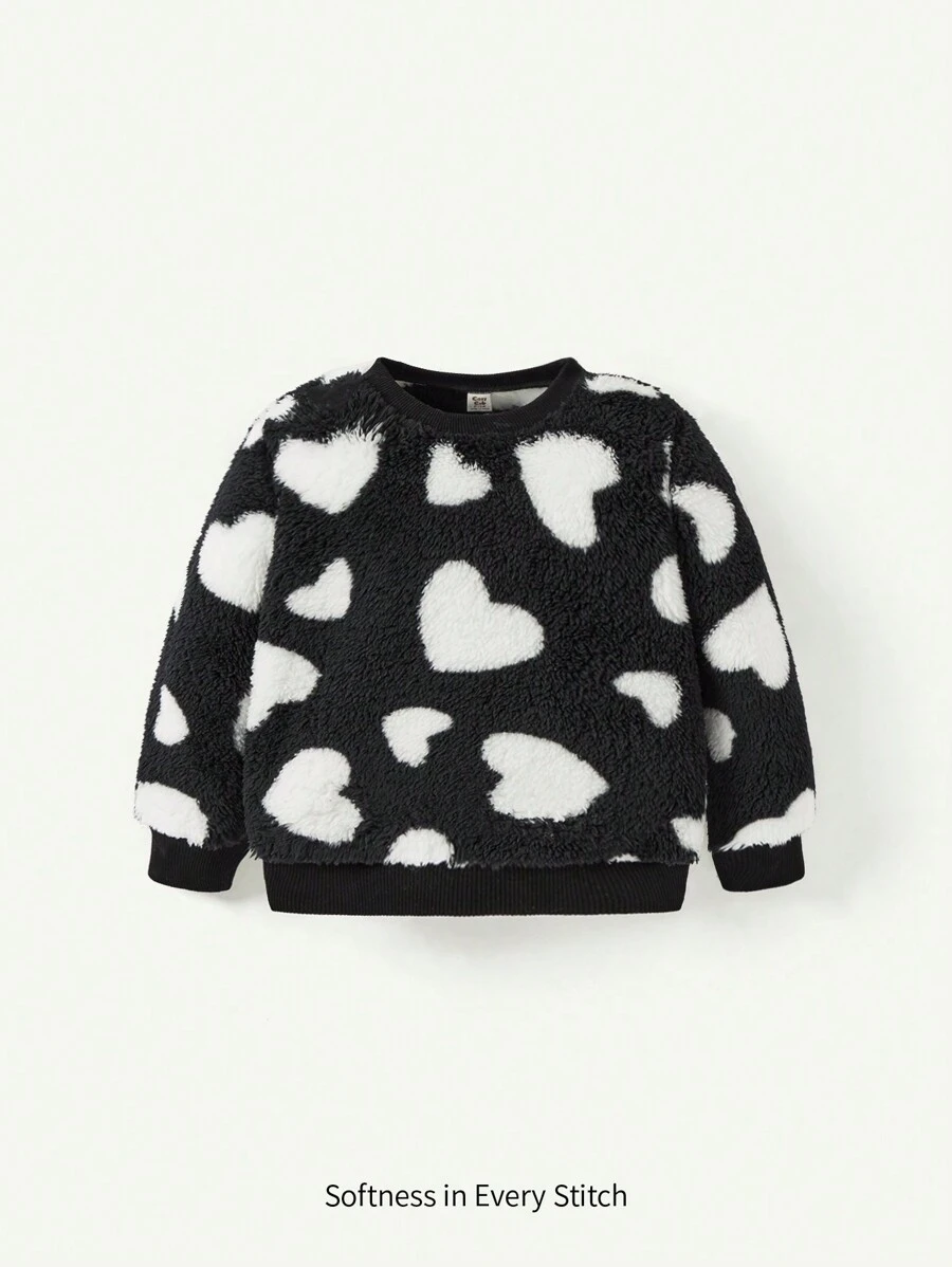Cozy Pixies Baby Girl Coral Fleece Heart Shaped Pattern Round Neck Sweatshirt, Medium Thick,In Fall/Winter - Black - View 1