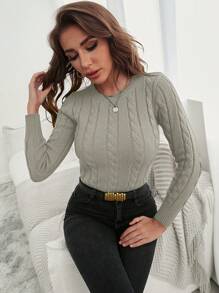 EURMUSE Áo len chui đầu dài tay ôm vừa vặn họa tiết cáp màu trơn cho nữ, Thu/Đông - Màu be - Xem 5