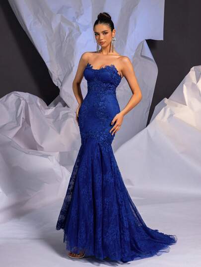 Glamrae Blue Summer Elegant Formal Prom Wedding Guest Dress, See-Through Lace Corset Boning Mermaid Bridal Gown,Lace-Trimmed Tulle Train Floor Length