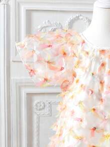 Vestido de Manga Curta com Decote Redondo, Aplicação e Contraste de Tule para Meninas, Ideal para o Verão