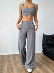 SHEIN EZwear 休闲纯色阔腿西装裤两件套 - 灰色 - 查看 3