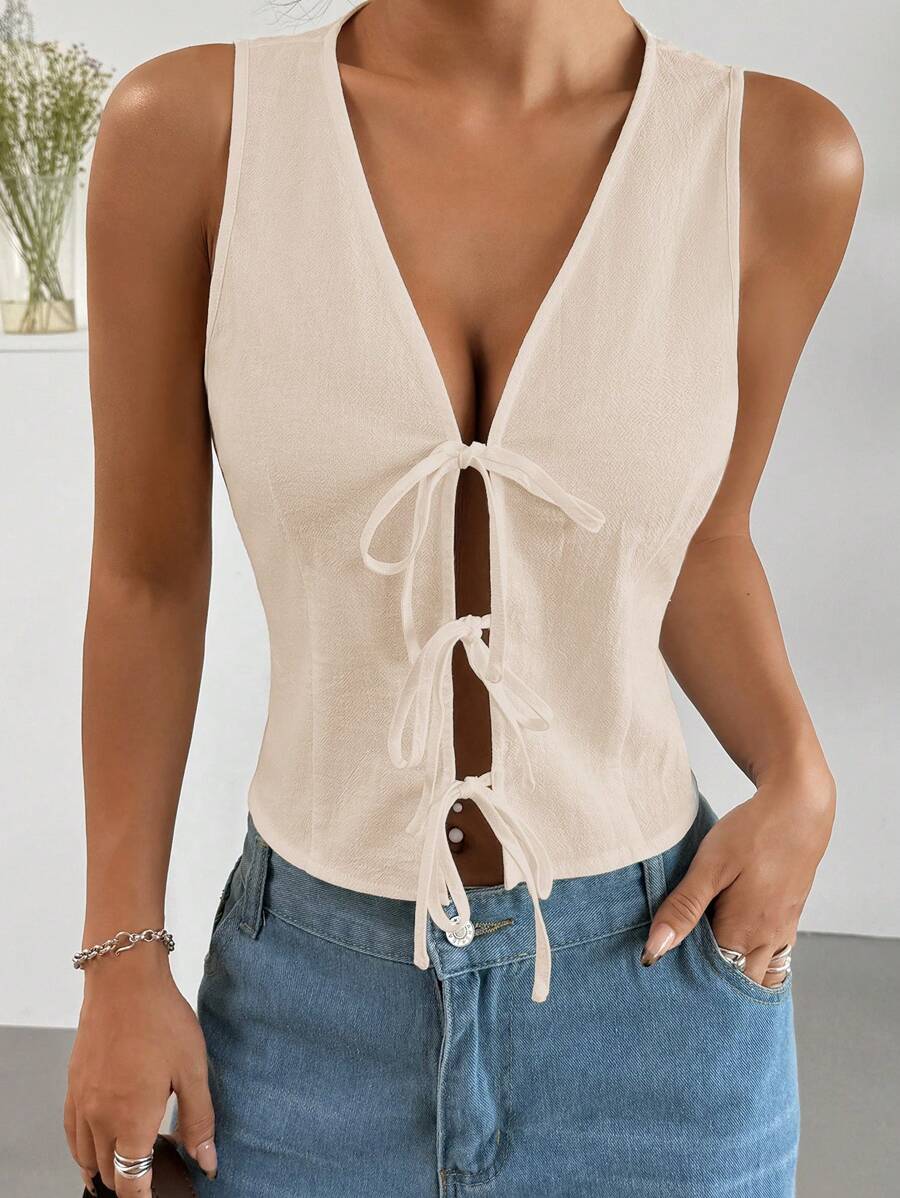 SHEIN EZwear Blusa sin mangas sólida con nudo frontal - Albaricoque - Ver 1