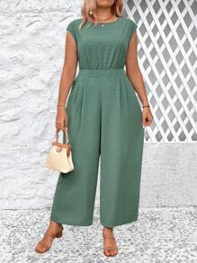 SHEIN LUNE Plus Size Summer Casual Solid Color Textured Wide-Leg Jumpsuit