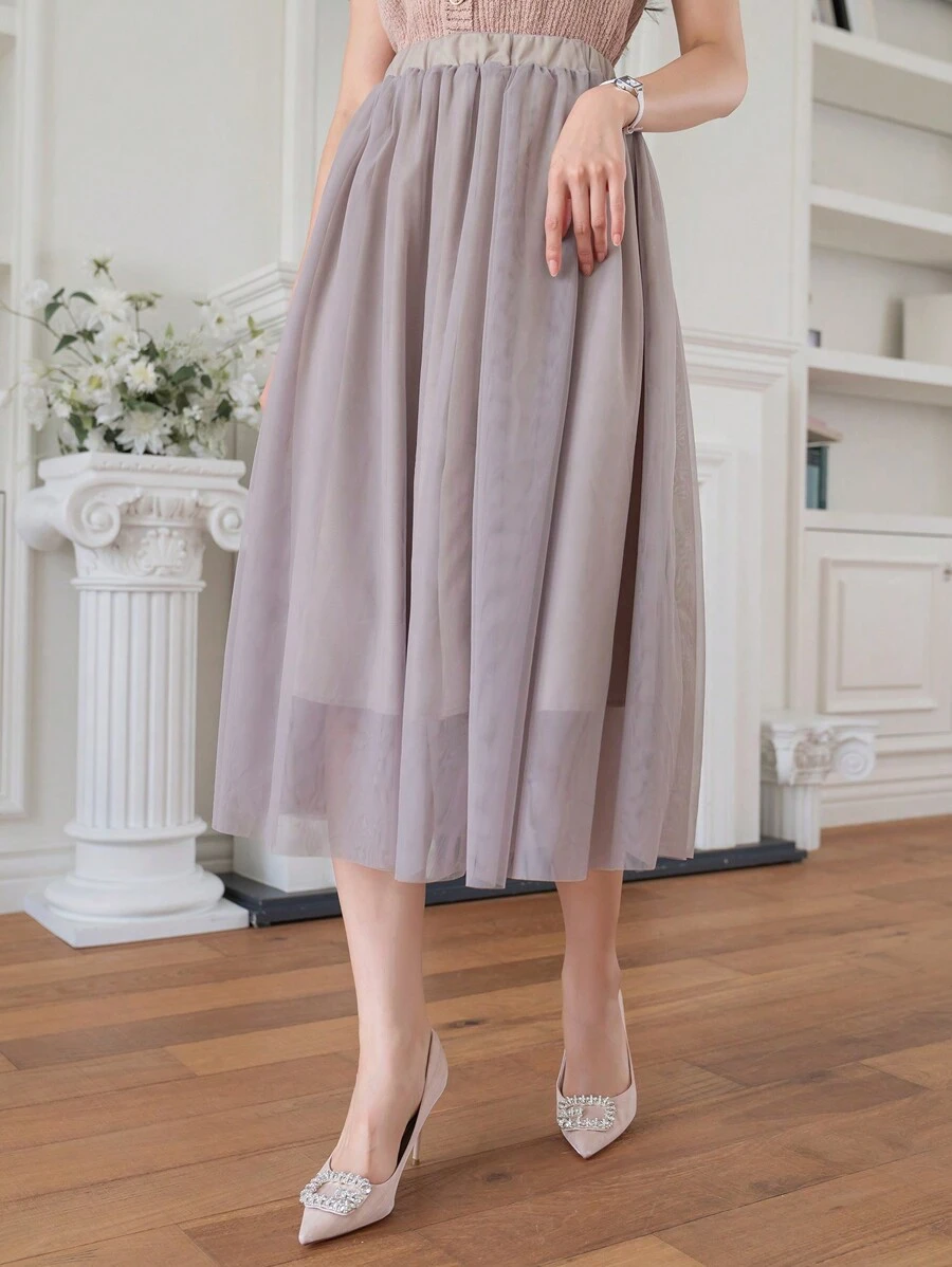 DAZY Váy chữ A bằng vải lưới màu trơn dành cho nữ, cạp chun. - Màu Khaki - Xem 1