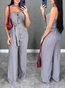 SHEIN Clasi Bộ áo ống màu trơn cài nút thắt lưng và quần ống đứng cho mùa hè/mùa thu - Xám - Xem 1