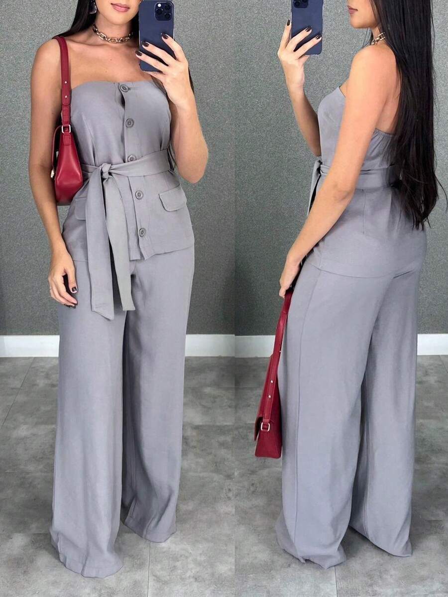 SHEIN Clasi Bộ áo ống màu trơn cài nút thắt lưng và quần ống đứng cho mùa hè/mùa thu - Xám - Xem 1