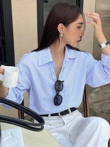 DAZY Damen gestreiftes, oversized, lässiges Langarmhemd, Business-Lässig für den Herbst, Langarmoberteil, Herbstmode für Frauen