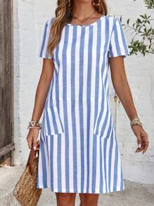 EMERY ROSE Women's Short Sleeve Casual Blue And White Striped Dress With Pockets - Blue and White - View 4