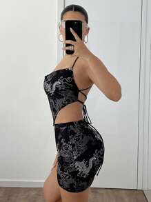 SHEIN ICON Áo ba lỗ hở lưng dây và chân váy trễ vai cạp trễ bất đối xứng Y2K màu đen - màu đen - Xem 7