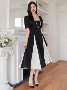 DAZY Vestido de mujer con cuello cuadrado, bajo con volumen y mangas cortas en patchwork - Negro - Ver 1